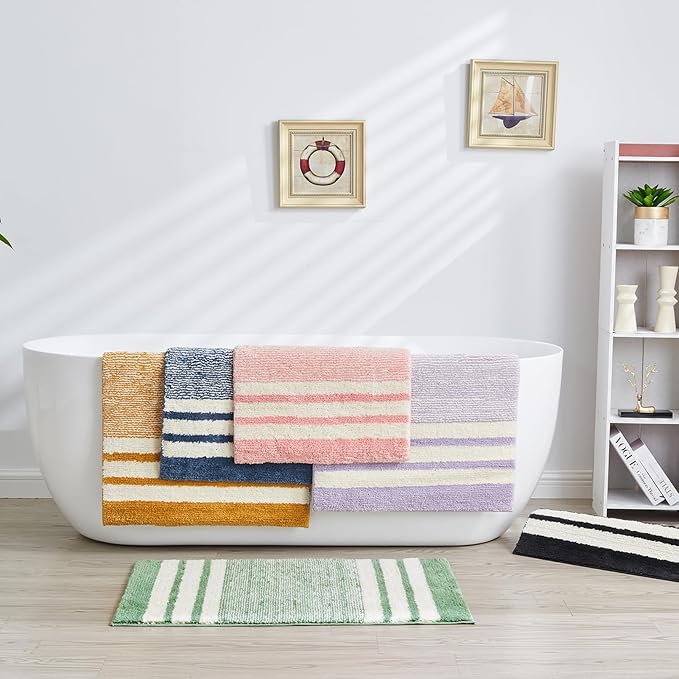 CozeCube Beige Striped Bath mats for Bathroom Non Slip, Fluffy Absorbent Microfiber Bath mat Washable, Aesthetic Bathroom Rugs, Cute Bath mat for Sink, 24" x 16"