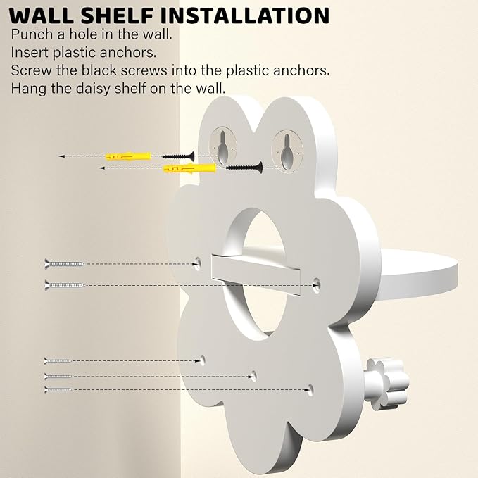 Floating Shelf for Wall, Hanging Display Wall Shelf with Hooks Wooden Daisy Flower Shelf for Bathroom Living Room Bedroom Wall Decor, White