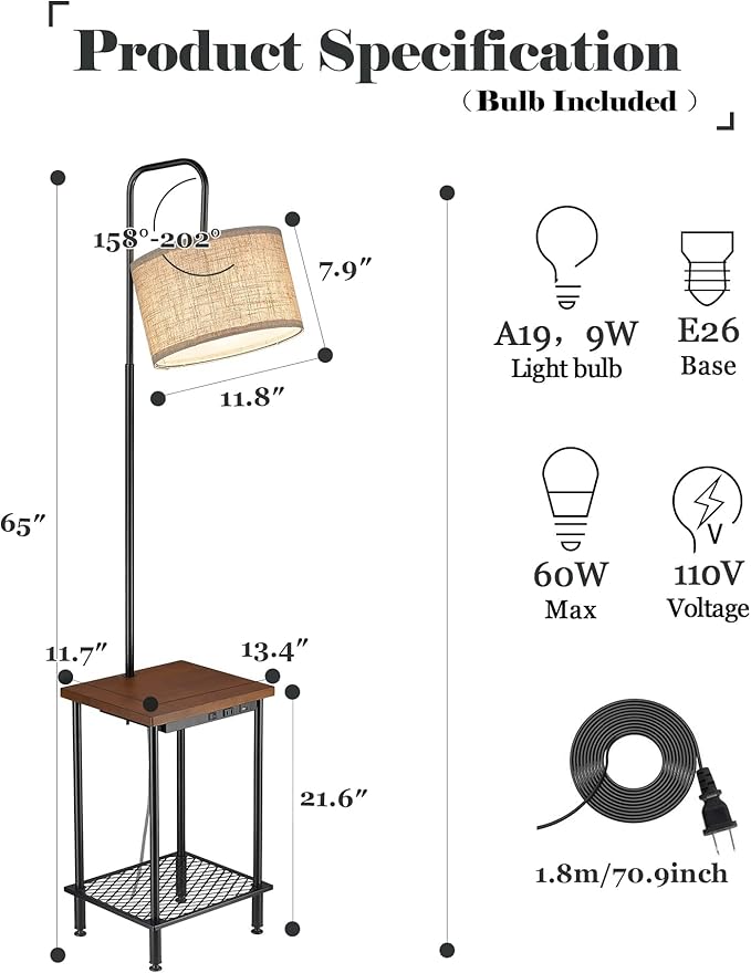 ELYONA Industrial Table Floor Lamp, Solid Wood End Table lamp with USB Type-C Charging Port & Power Outlet, Side Table Shelf Tall Pole Standing Light for Living Room,Bedroom,LED Bulb Included, Brown