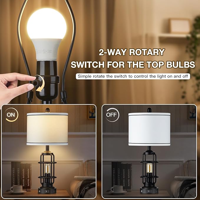 26" Modern Lamp for Living Room, Industrial 3-Way Dimmable Beside Table Lamp with USB A+C Charging Ports & AC Outlet, Touch Control Beside Lamp LED Night Light for Bedroom Single(2 Bulbs Included)
