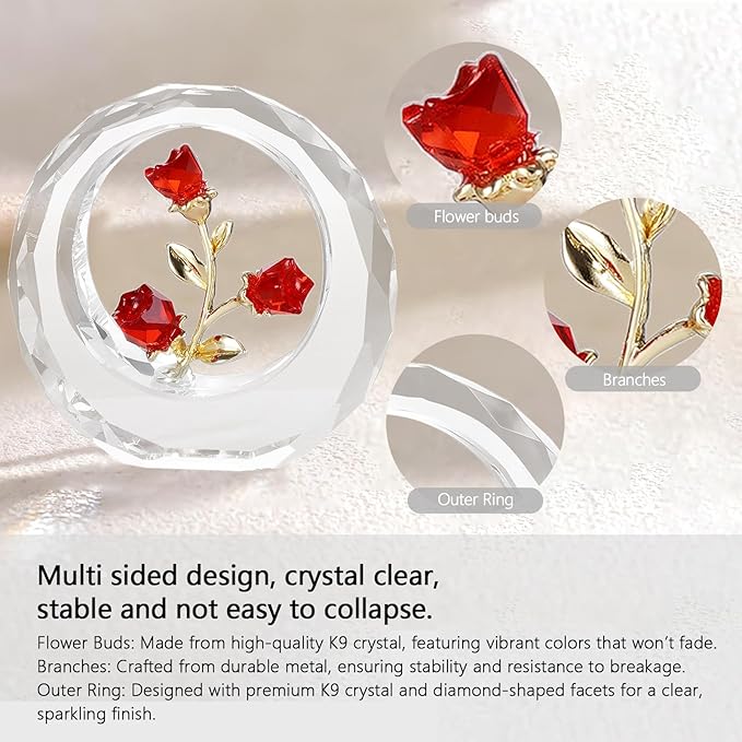 Crystal Flower Figurines,Glass Tulips with Stems,Spring Bouquet Collectible Figurines Home Decor (Red)