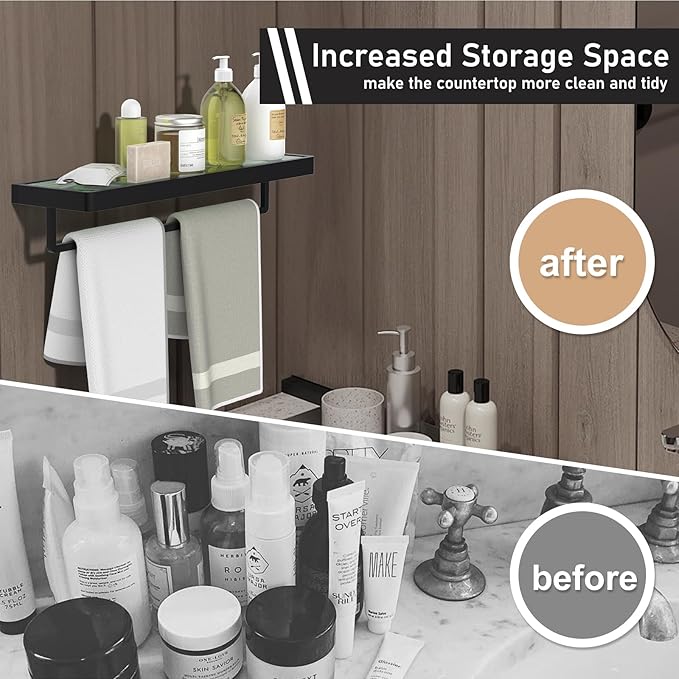 Floating Glass Shelves for Bathroom Glass Shelves 20-in with Towel Bar/Tempered Glass Rectangular 1 Tier Organizer Shelf (Matte Black, 20'')