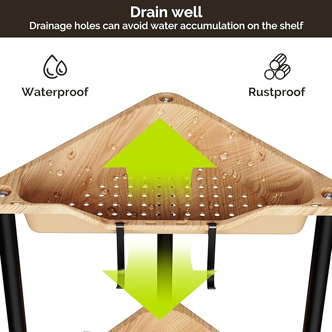 Orimade Rustproof 4 Tier Floor Standing Corner Shower Caddy Organizer, Plastic Metal Splicing Floor Corner Shelf Rack Storage Stands for Bathroom, Wood Grain Surface