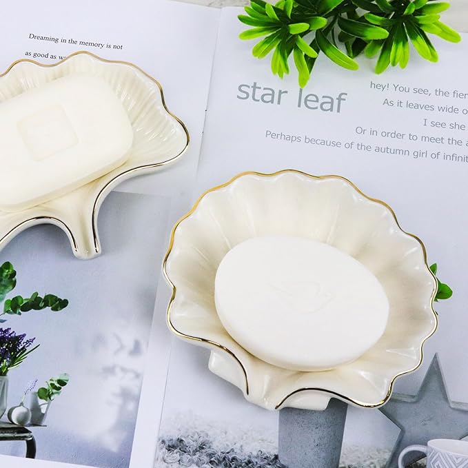Seashell Style Ceramic Self Draining Soap Dish Waterfall Soap Dish Soap Savers for Bathroom,Shower,Bar Counter