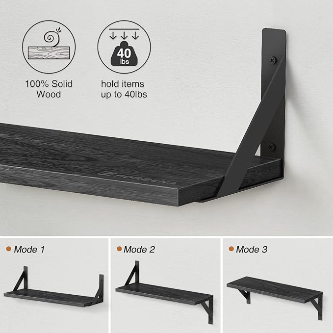 Forbena Large Floating Shelves for Wall 24 Inch Long Set of 3, 8 in Deep Wall Bookshelf for Bedroom Living Room, Wooden Heavy Duty Hanging Book Shelves for Office Kitchen Closet Storage (Black)
