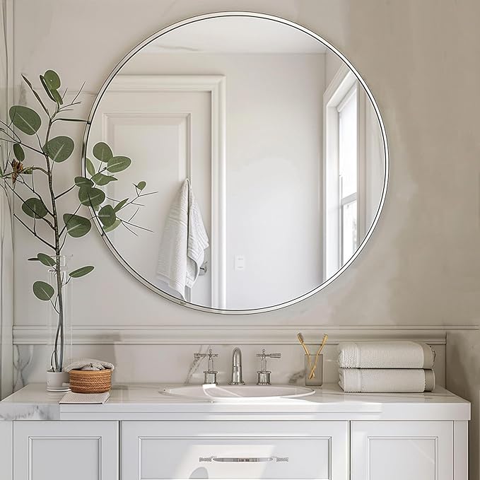 Silver Circle Mirror, Round Mirror 20 inch, Round Wall Mirrors with Aluminum Frame, Circle Mirrors for Living Room, Bathroom, Wall, Hallway.