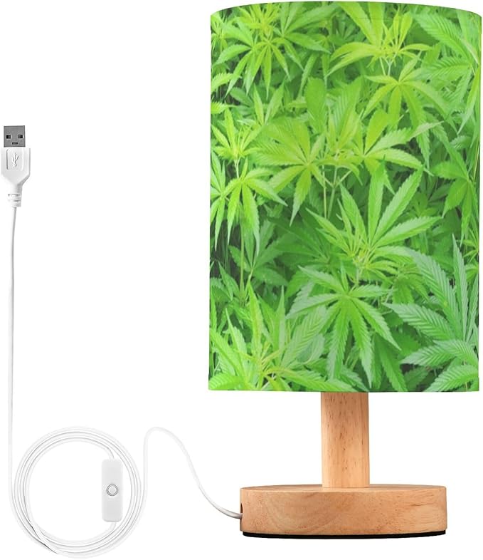 Table Lamp Marijuana Plant Green Cannabis Hemp Leaf Nightstand Lamp with Wood Base Fabric Lamp Shade Bedside Desk Lamp for Living Room Bedroom Kids Room Office