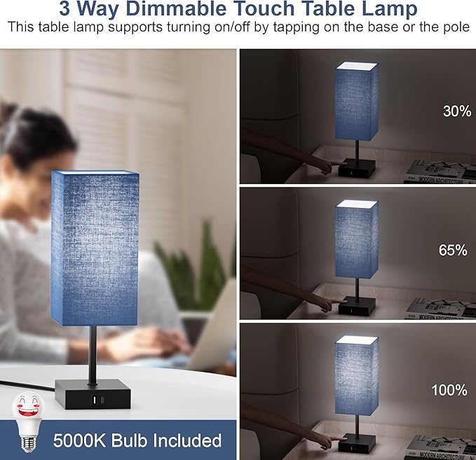 Sailstar Bedside Table Lamp for Bedroom, 3 Way Dimmable Touch Lamp with USB C+A Charging Ports, Small Nightand Lamps for Bedroom Decor, Living Room, LED Bulbs Included, Upgraded Navy Blue