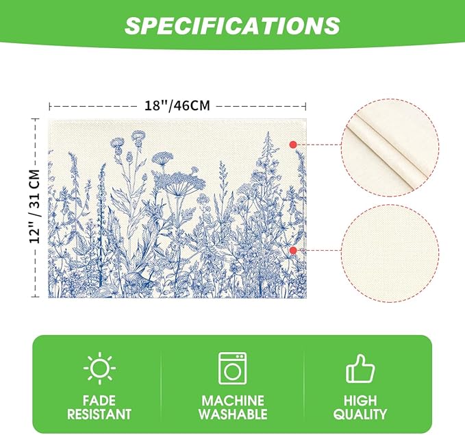 Artoid Mode Blue Antique Herbs and Wild Flowers Spring Placemats Set of 4, 12x18 Inch Seasonal Table Mats for Party Kitchen Dining Decoration