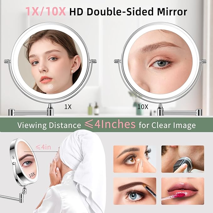FUNTOUCH Wall Mounted Lighted Makeup Mirror, Rechargeable 8" Double-Sided LED Make up Mirror 1X/10X Magnification, 3 Color Lights Dimmable 360Β° Rotation Wall Mount Mirror with Extension Arm and Hooks