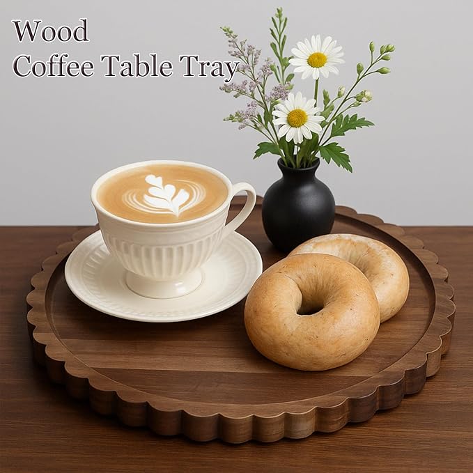 11.8 Inch Round Acacia Wood Decorative Tray for Coffee Table - Unique Scalloped Edge Design, Ideal Wooden Centerpiece Trays for Kitchen, Dining Room, Living Room and Home Decor