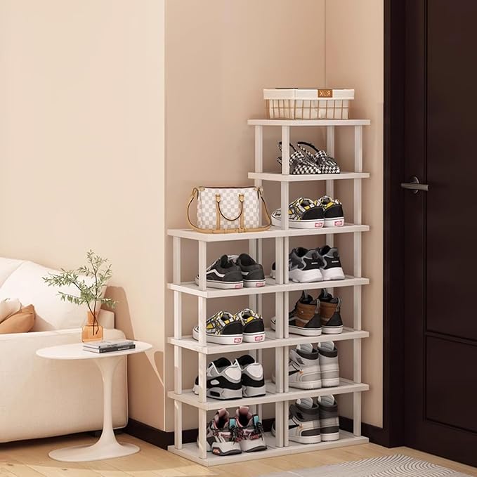 Bamboo Shoe Rack 12 Tier- Vertical Shoe Rack for Small Spaces, Tall Narrow Shoe Rack Organizer for Closet Entryway Corner Garage and Bedroom,Skinny Shoe Shelf with Free Stackable DIY White Storage