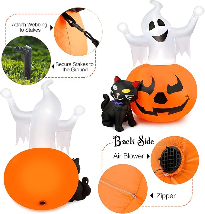 5 FT Halloween Inflatables Outdoor Spooky Pumpkin and Witch' s Black Cat Combo Inflatable Decor, Halloween Blow Up Yard Decorations Clearance with Build-in LED Lights, Halloween Outdoor Decorations