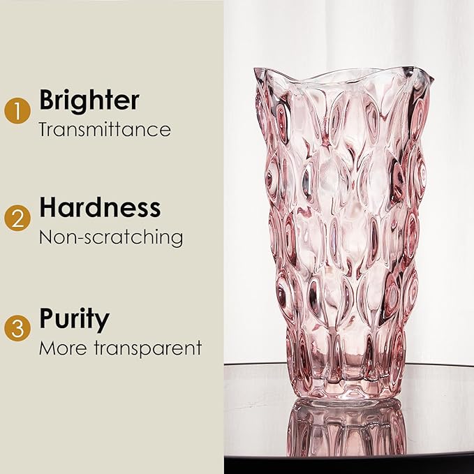 CEMABT Glass Vases for Flowers, Unbreakable 3.4 lb Morden Vases for Tables Centerpieces, Vintage and Clear Rose Large Vases Christmas Thanksgiving Gifts, Pink