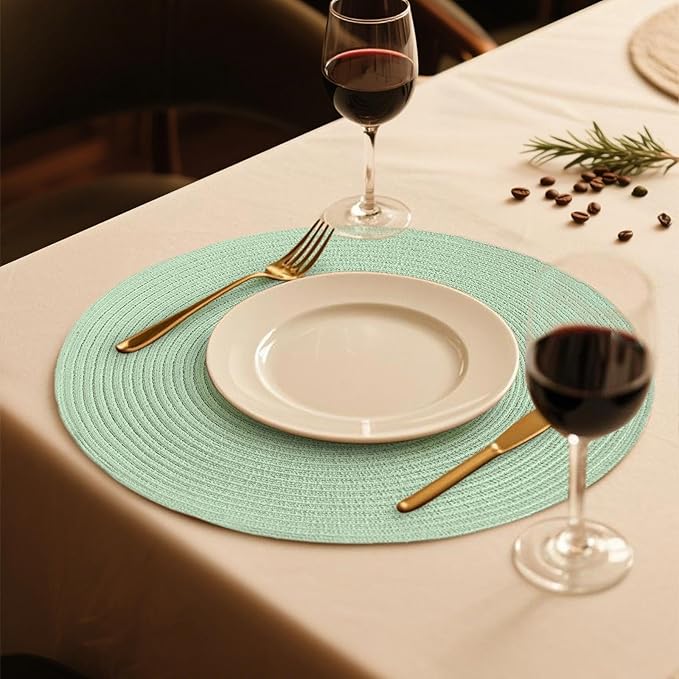 FunWheat Round Braided Placemats Set of 6 Place mats for Dining Tables Woven Heat Resistant Table Mats 15 inch (Mint Green)