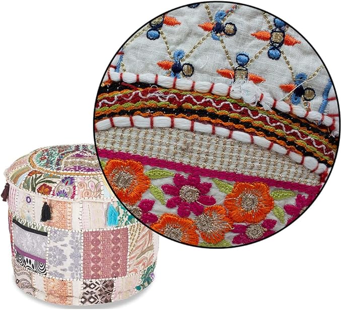 Aakriti Gallery Indian Pouf Footstool Ethnic Embroidered Pouf Cover, Indian Cotton Round Pouffe Ottoman Pouf Cover Pillow Ethnic Decor Art - Cover Only (White, 22x14)