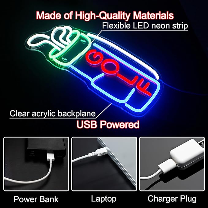 Golf Neon Sign for Wall Decor, Golf Neon Led Sign, Creative Neon Lights Signs with USB Powered for Golf Club, Backdrop Lights, Wall Hanging Decor