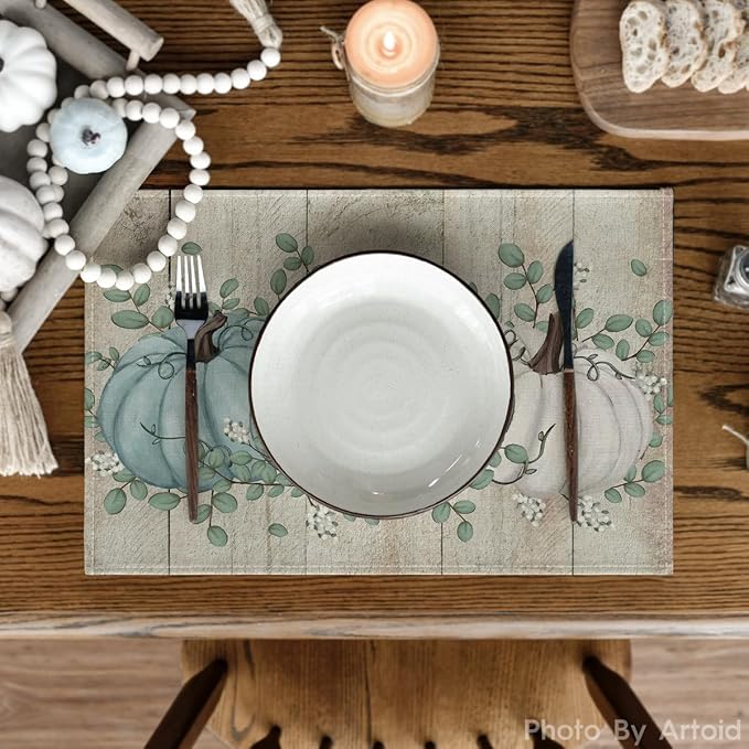 Artoid Mode Wood Pumpkins Harvest Vintage Fall Placemats Set of 4, 12x18 Inch Eucalyptus Leaves Autumn Thanksgiving Table Mat for Party Dining Decoration