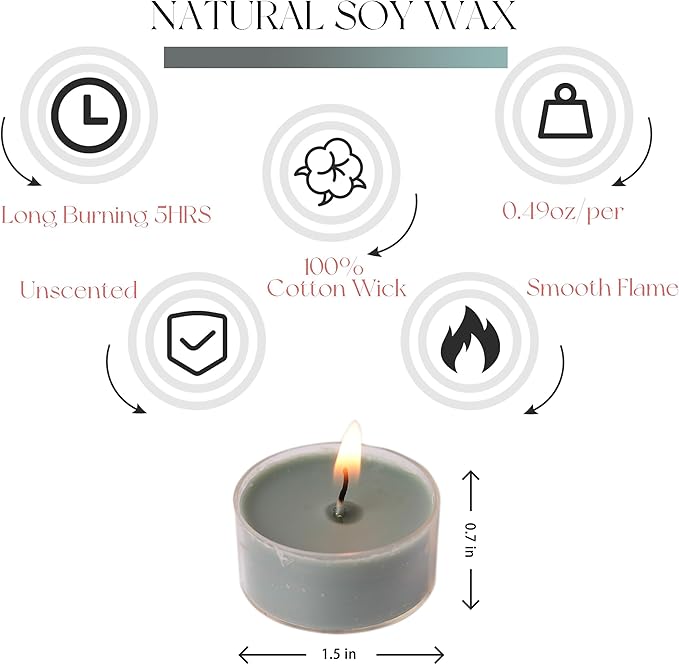 12 Unscented Natural Soy Tealight Candles in Clear Cups, 5H Long Clean Burning, Hand-Poured Green Mini Tea Candle Set for Parties, Spa, Meditation, Gift, Holiday, Emergency, Home Decor