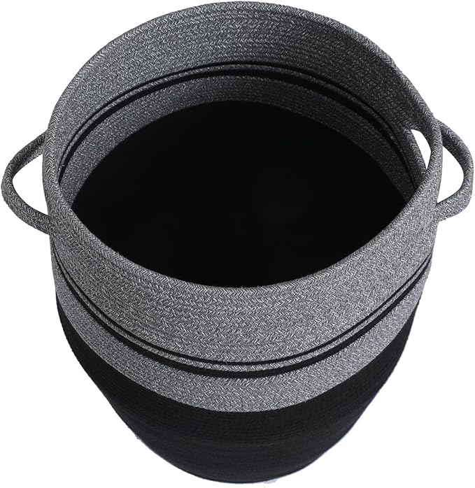 26" x 20" Tall Extra Large Storage Basket with Lid, Cotton Rope Storage Baskets, Woven Laundry Hamper with Cover, for Clothes Blanket in Living Room, Grey Mix/Black