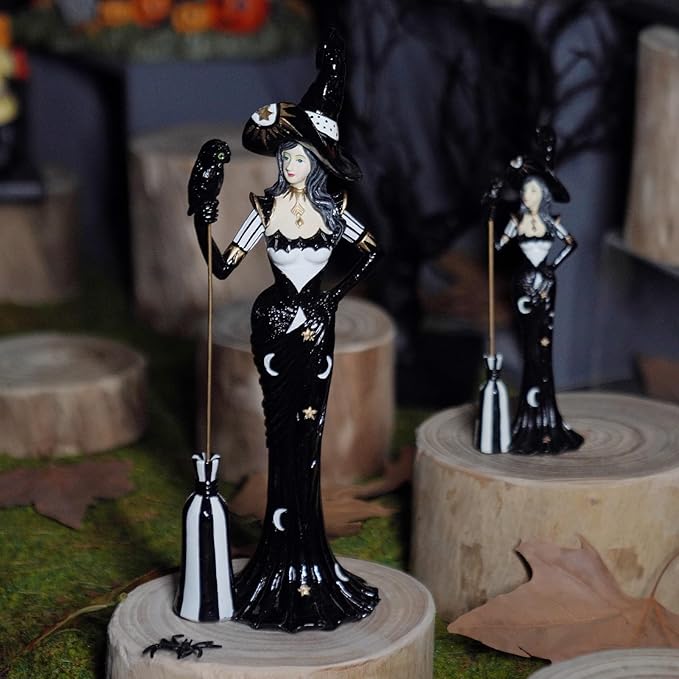 Newman House Studio Halloween Decoration Fairyland Witch Figurine - Magic Witch Holding Broom Dia De Los Muertos Day of Dead Resin Witch Statue Gothic Farmhouse Decor 4.25 * 3.5 * 12.75 in