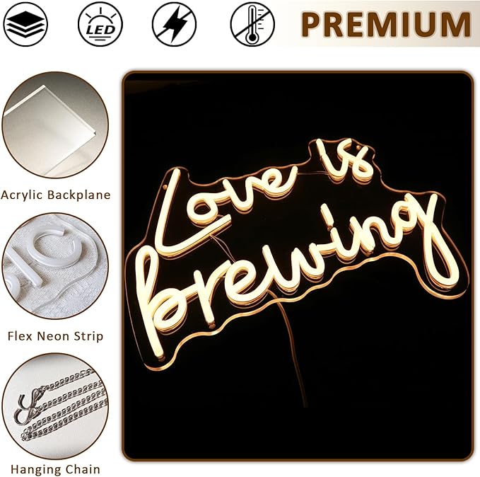 Love Is Brewing Neon Sign for Wall Decor, Warm White Led Signs for Bridal Shower, USB Dimmable Neon Lights for Bedroom Home Coffee Themed Bar Wedding Engagement Party Garland Decoration