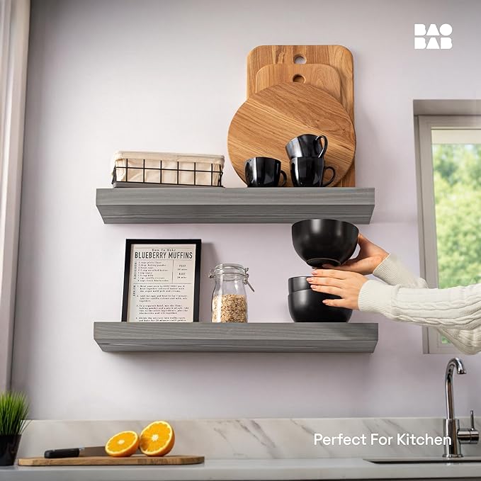 BAOBAB WORKSHOP Wood Floating Shelves for Wall - Rustic Shelf 24 inch - Grey Bathroom Shelves - Solid Wood Shelves for Wall for Bedroom Kitchen Living Room - Gray Shelves - 24 x 6.7 Inch, Set of 2