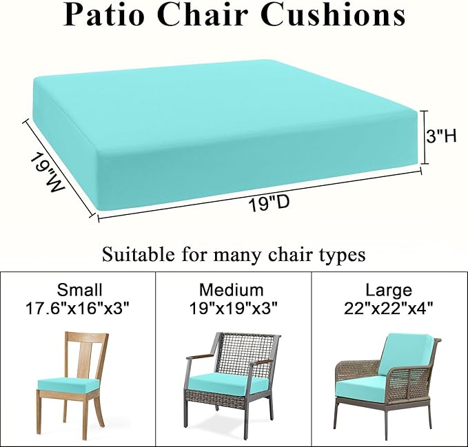 Topotdor Patio Chair Cushions Set of 2,Waterproof Outdoor Chair Cushions with Fade Resistant Removable Cover with Adjustable Straps for Patio Furniture Garden Sofa Couch,19"x19"x3" Teal