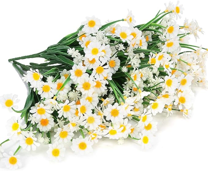 Artificial Daisies Flowers Outdoor UV Resistant 4 Bundles Fake Foliage Greenery Faux Plants Shrubs Plastic Bushes for Window Box Hanging Planter Farmhouse Indoor Outside Decor(White)