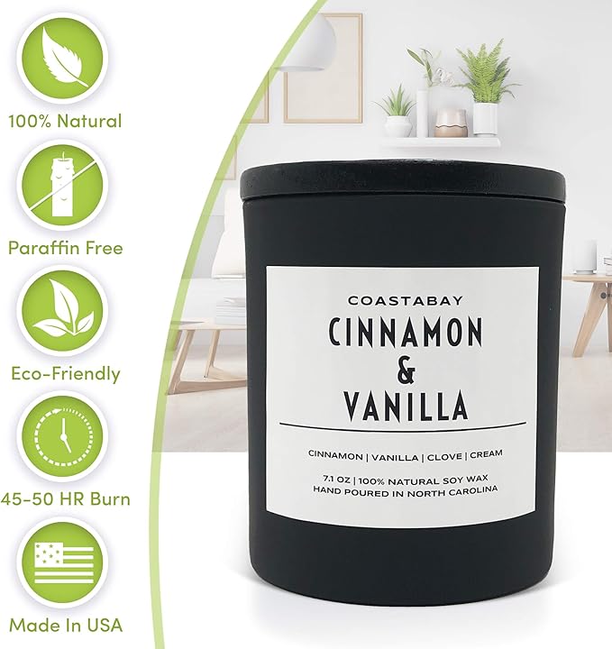 Cinnamon and Vanilla Candle | Natural Soy Scented Candles, Long Burning 45 Hour, Jar Candles, Holiday and Winter, Infused with Highly Scented Non Toxic Essential Oils, 7.1oz