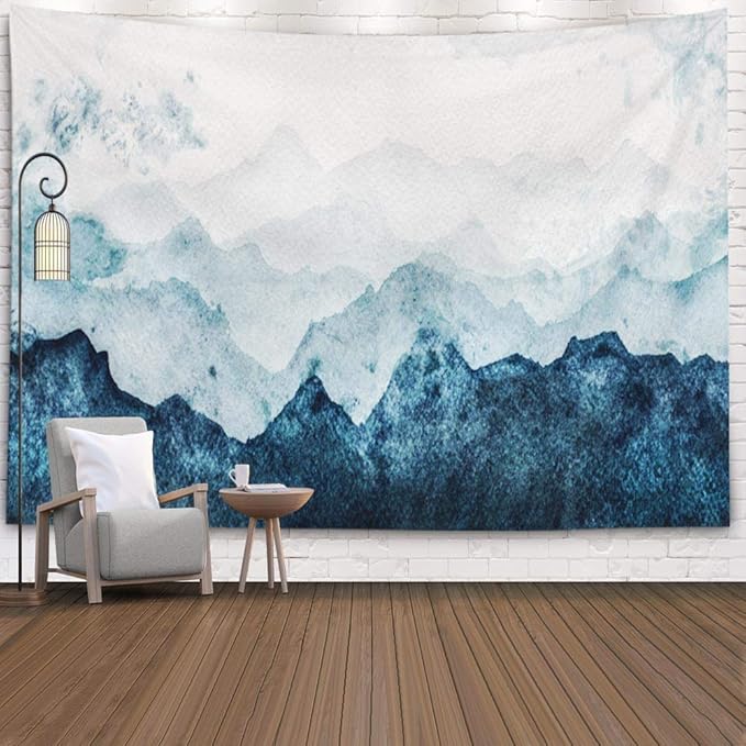 EMMTEEY Tapestry Wall Hanging, Tapestries Décor Living Room Bedroom for Home Inhouse by Printed 92.5X70.9 Inches for Blue Mountains Fading in Distance Perspective Watercolor Painting Paper