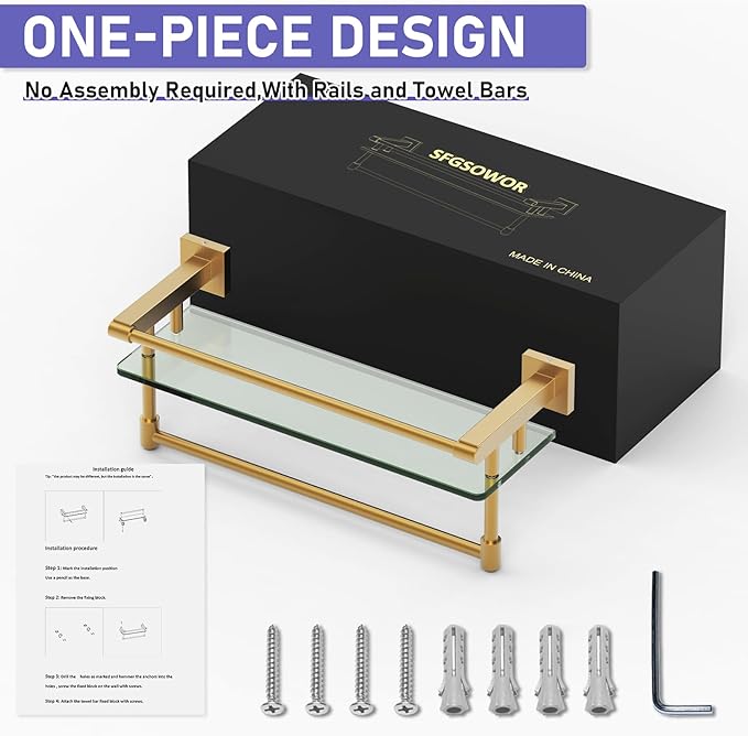 Bathroom Glass Shelf Brushed Gold Finish with Towel Rack, SUS304 Stainless Steel, 16-inch Tempered Glass Shelves for Wall