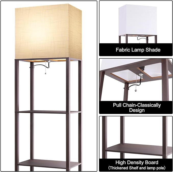 RUNTOP Plus - Floor Lamp with Shelves, Wide Shelf Lamp, Shelf Floor Lamp with 15W LED Bulb, 3 Colors Temperature, Memory Function, Large Display Storage, Standing Lamps for Living Room, Bedroom, Wood
