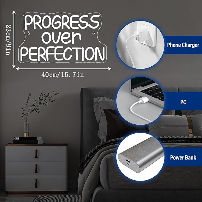 Progress Over Perfection Neon Sign,Dimmable Classroom Positive Neon Light, USB Neon Light for Motivational Classroom Decor Positive Affirmation Mental Health Man Cave Office Wall Decor(15.7 * 9 in)