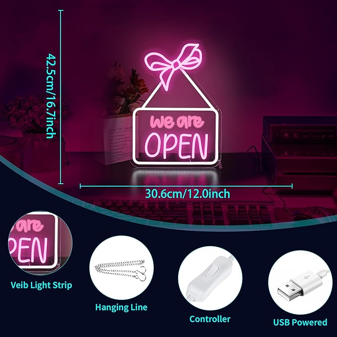 Neon Sign, HSJNJKFU Open Neon Signs for Wall Decor We are Open Led Neon Light Signs for Shop Party Bar Beer Signs - USB Powered.