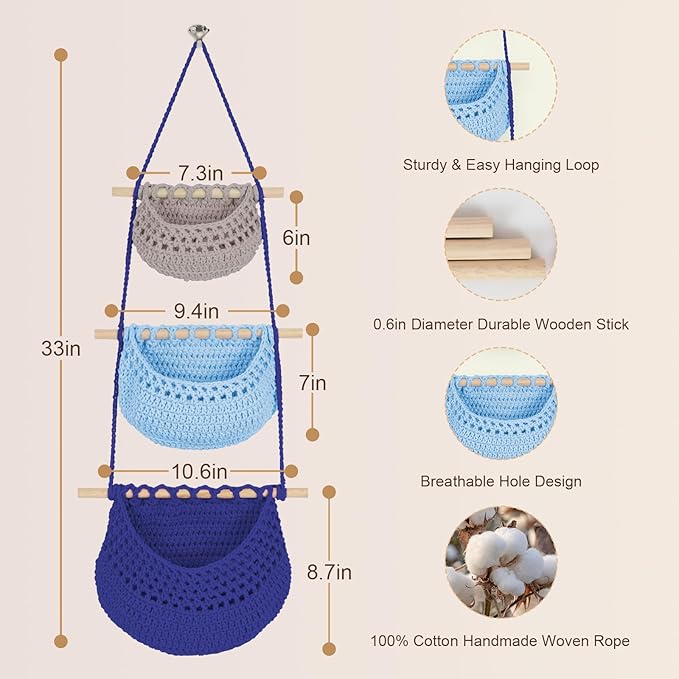 Hanging Baskets for Organizing, 3 Tier Detachable Wall Hanging Fruit Basket Over the Door Organizer for Vegetable Plant, Gray Blue Boho Crocheted Cotton Fruit Holder for Kitchen Bathroom Bedroom