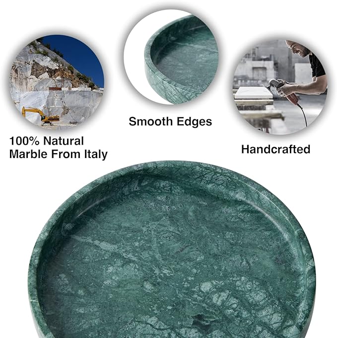 Italian 100% Marble Round Vanity Tray 10'', Decorative & Fruit Serving Trays for Bathroom, Kitchen, Nightstand, Jewelry Ring Dish Holder, Table Accents Decor, Green