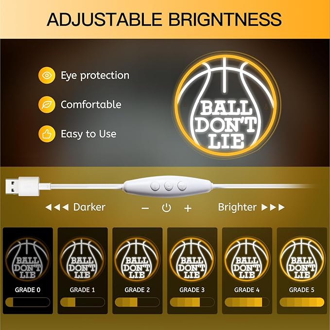 Ball Don’t Lie Neon Sign, Basketball LED Light for Game Room, Man Cave, Bedroom, or Office, USB Powered, Dimmable, 13.3” Round Wall Decor Gift for Hoopers