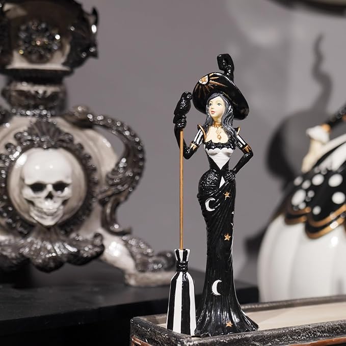 Newman House Studio Halloween Decoration Fairyland Witch Figurine - Magic Holding Broom Dia De Los Muertos Day of The Dead Statue Resin Theme Gift Farmhouse Decor 2.5x1.75x7.5 in
