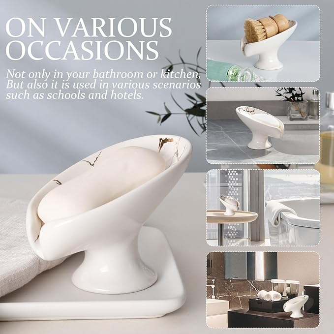 Soap Dish Set, Self Draining Bar Soap Holder for Bathroom Sink, Leaf Shaped Drainage Ceramic White Marble Porcelain Soap Dishes, Kitchen Decorative Soap Dish 2PACK, ANTIS'S HOME