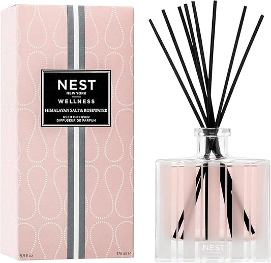 NEST New York Reed Diffuser, Himalayan Salt & Rosewater - 5.9 fl oz - Fragrance for Up to 90 Days - Reusable, Refillable Glass Holder - Includes 8 All-Natural Reed Sticks - Flame Free