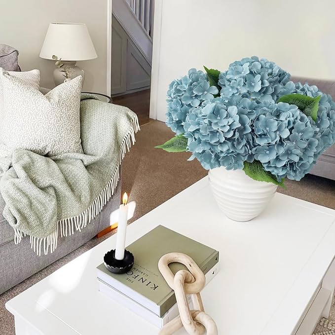 Grey Blue Large Lifelike Silk Artificial Hydrangeas, 5Pcs 20Inch Full Fake Flowers for Bouquet Table Centerpieces Wedding Indoor Home Outdoor Baby Showers Decoration