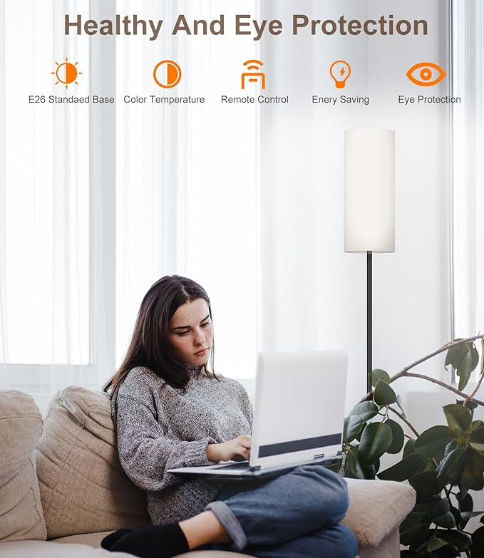 luckystyle LED Floor Lamp for Living Room, Dimmable Standing Lamps with Foot Switch,Remote Custom Color Temperature Black Pole Lamp with Lampshade,12W Led Bulb Tall Lamps for Bedroom Office Kid Room