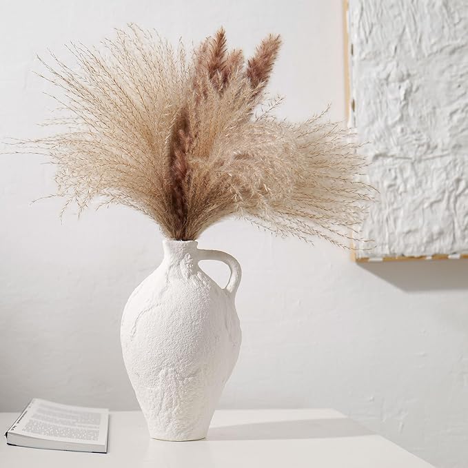 Ceramic Vase with Handles, 10.4inch Tall White Rustic Large Farmhouse Terracotta Vase for Home Boho Decor, Room Table Centerpiece, Living Room, Vintage Pottery Gifts, Bathroom