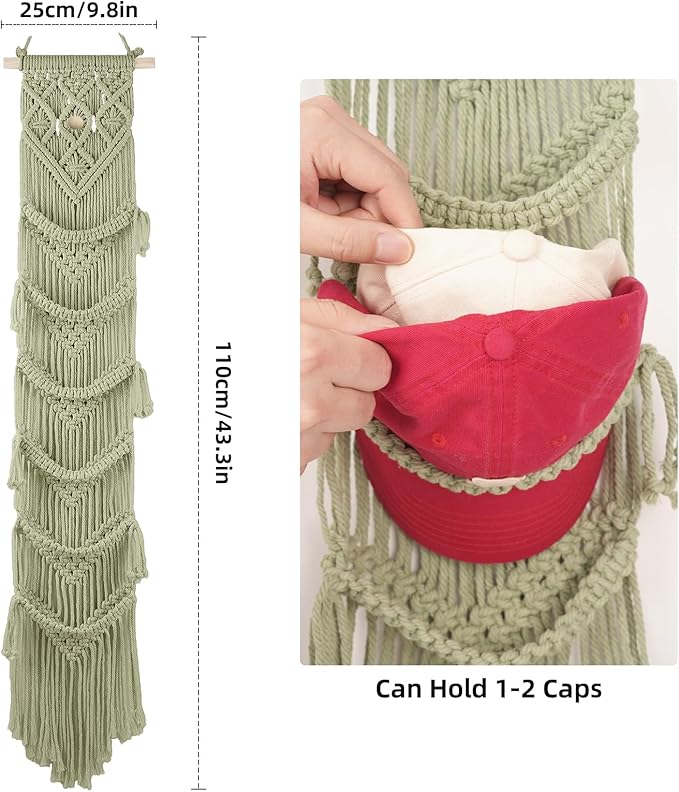2PCS Macrame Cap Holders Boho Hat Hangers Over Door Ball Cap Rack Organizer Decorative Bohemian Handmade Woven Wall Hanging for Baseball Cap Display Decoration (Green, Up to 24 Caps)