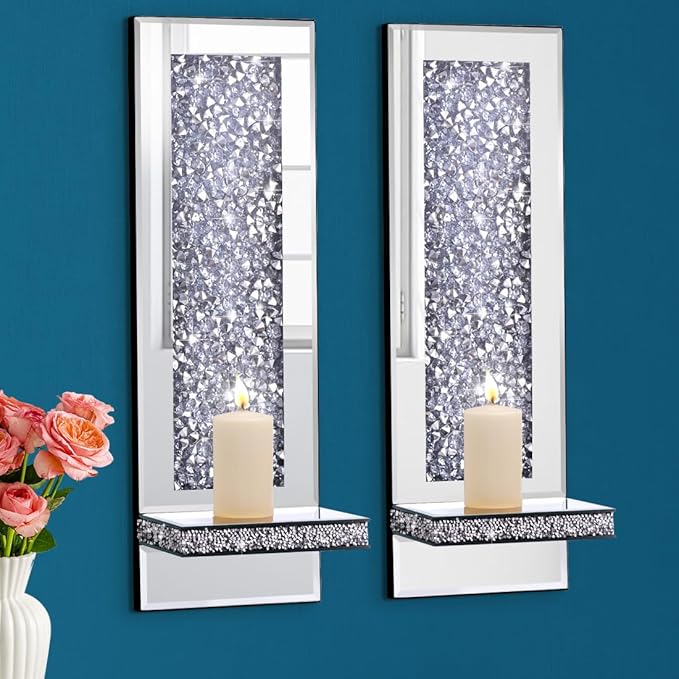Crystal Crush Diamond Mirrored Candle Sconces, Silver Wall Candle Holder Set of 2, Wall Decorations for Living Room,Dining Room (Rectangle (Style 4))