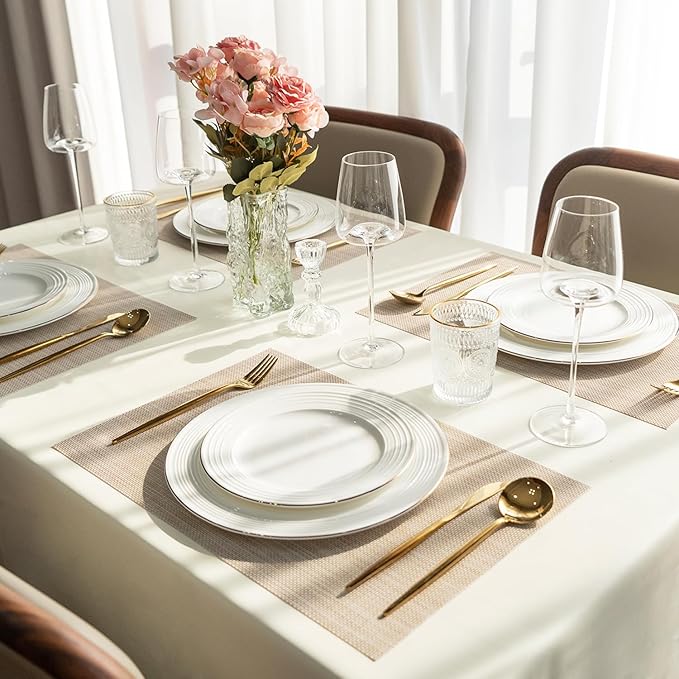 Placemats Set of 6 Vinyl/Plastic Woven Place Mats for Kitchen Table Indoor/Outdoor Washable Placemat Wipeable Dining Table Mats (Beige,6)