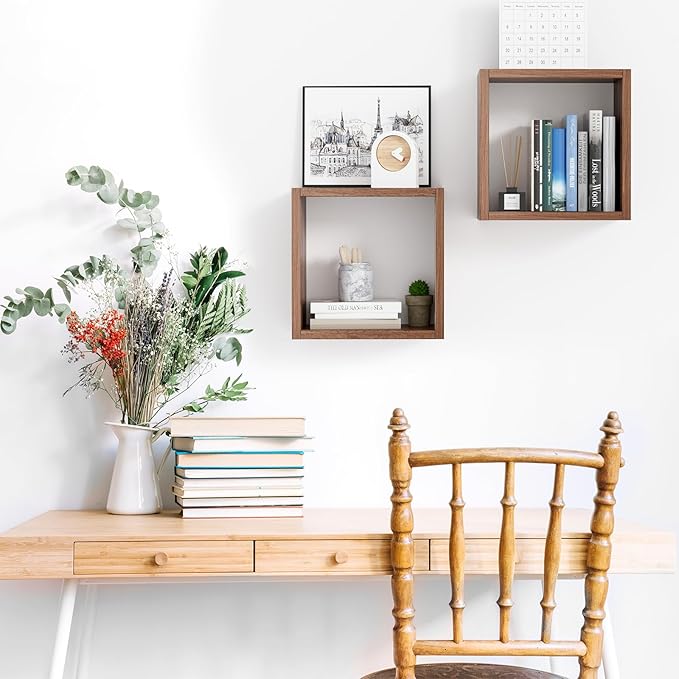 Kaboon Cube Floating Shelves Set2, Display Shelves Wall Mount 7.75" D x 12.5" W x 12.5" H, (Walnut, Square 2 Cubes)
