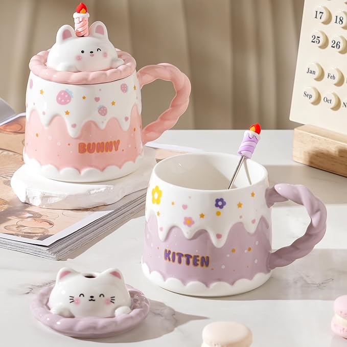 Adorable Cake Ceramic Coffee Mug - Elegant Birthday Gift for Women and Girl, Cute Rabbit Cup with Sweet Design, Perfect Present for Her Daily Tea & Coffee(Model A)