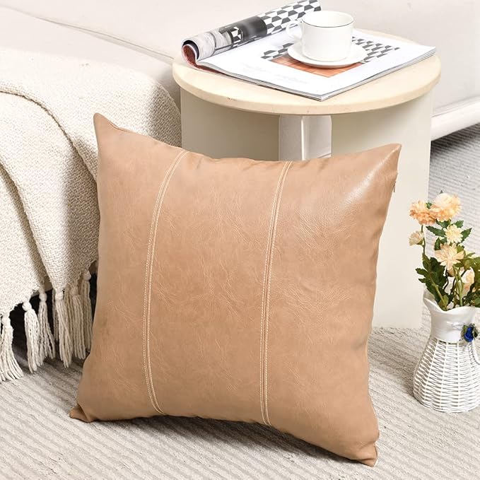 Fancy Homi 2 Packs Tan Decorative Throw Pillow Covers 20x20 Inch for Living Room Couch Bed, Modern Farmhouse Boho Home Decor, Waterproof Faux Leather Hand Stitched Beige Square Cushion Case 50x50 cm